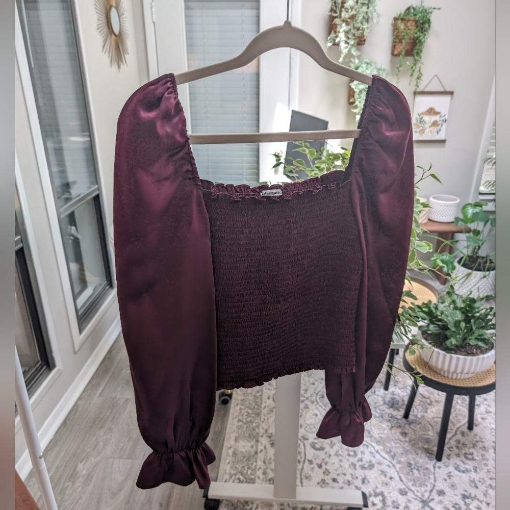 Reformation Burgundy Puff Sleeve Smocked Top